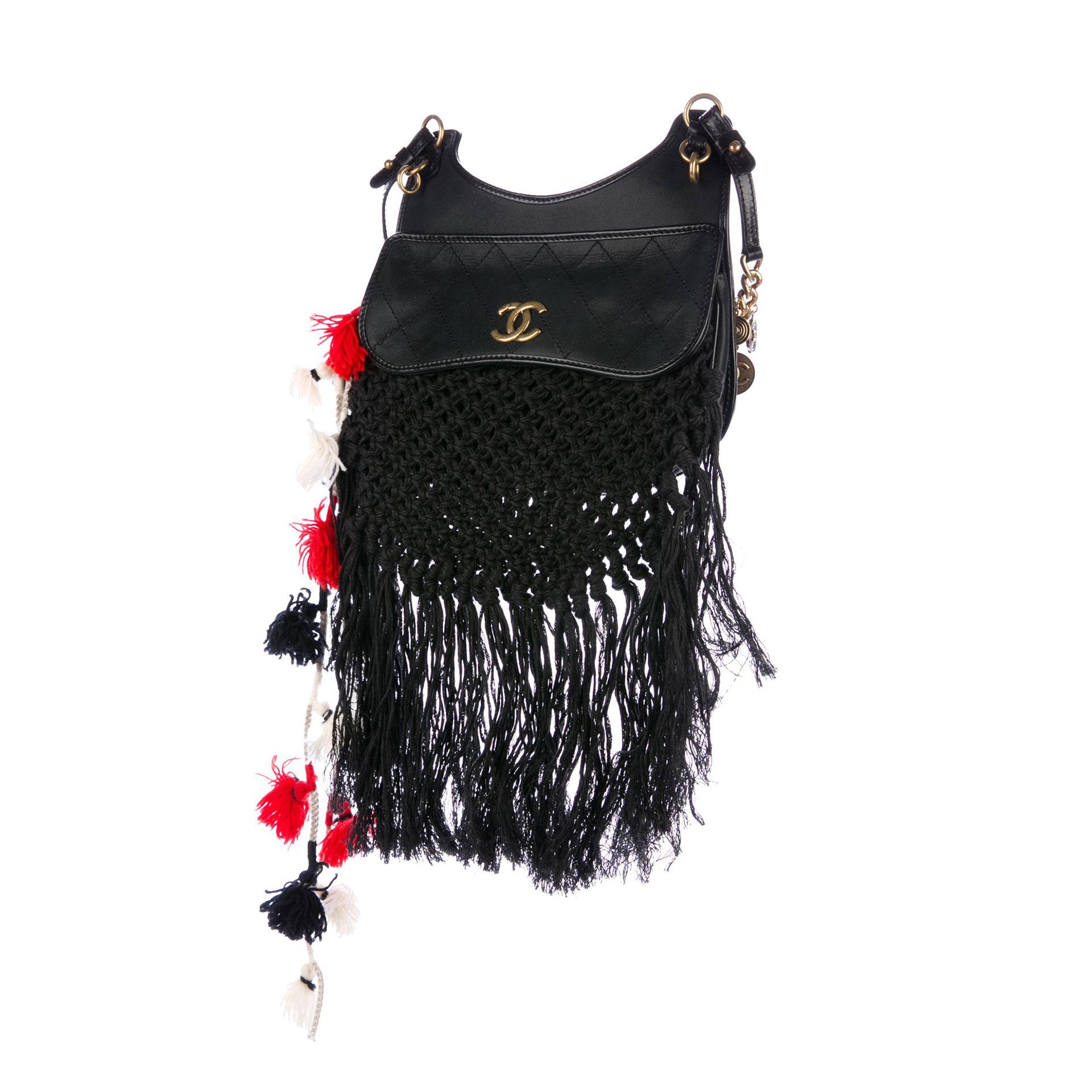 Black Chanel Dubai Resort Runway Limited Edition Fringe Crochet Pom Pom Bag For Sale