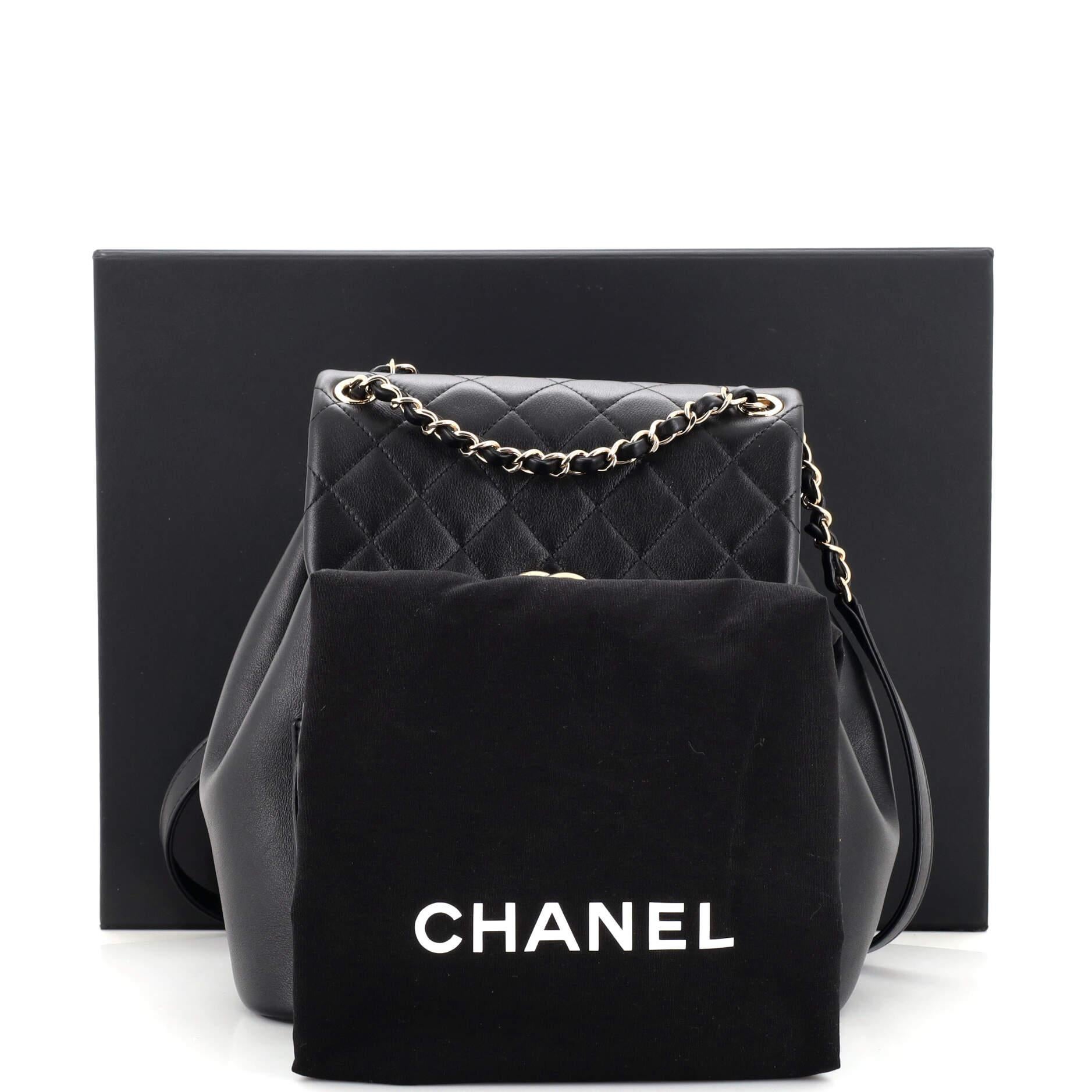 CHANEL Black lambskin Mini Duma Drawstring Backpack / Gold