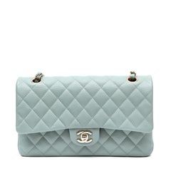Chanel Dusty Blue Caviar Leather Medium Classic Double Flap Bag with Gold Hardwa