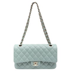 Chanel Dusty Blue Caviar Leather Medium Classic Double Flap Bag with Gold Hardwa