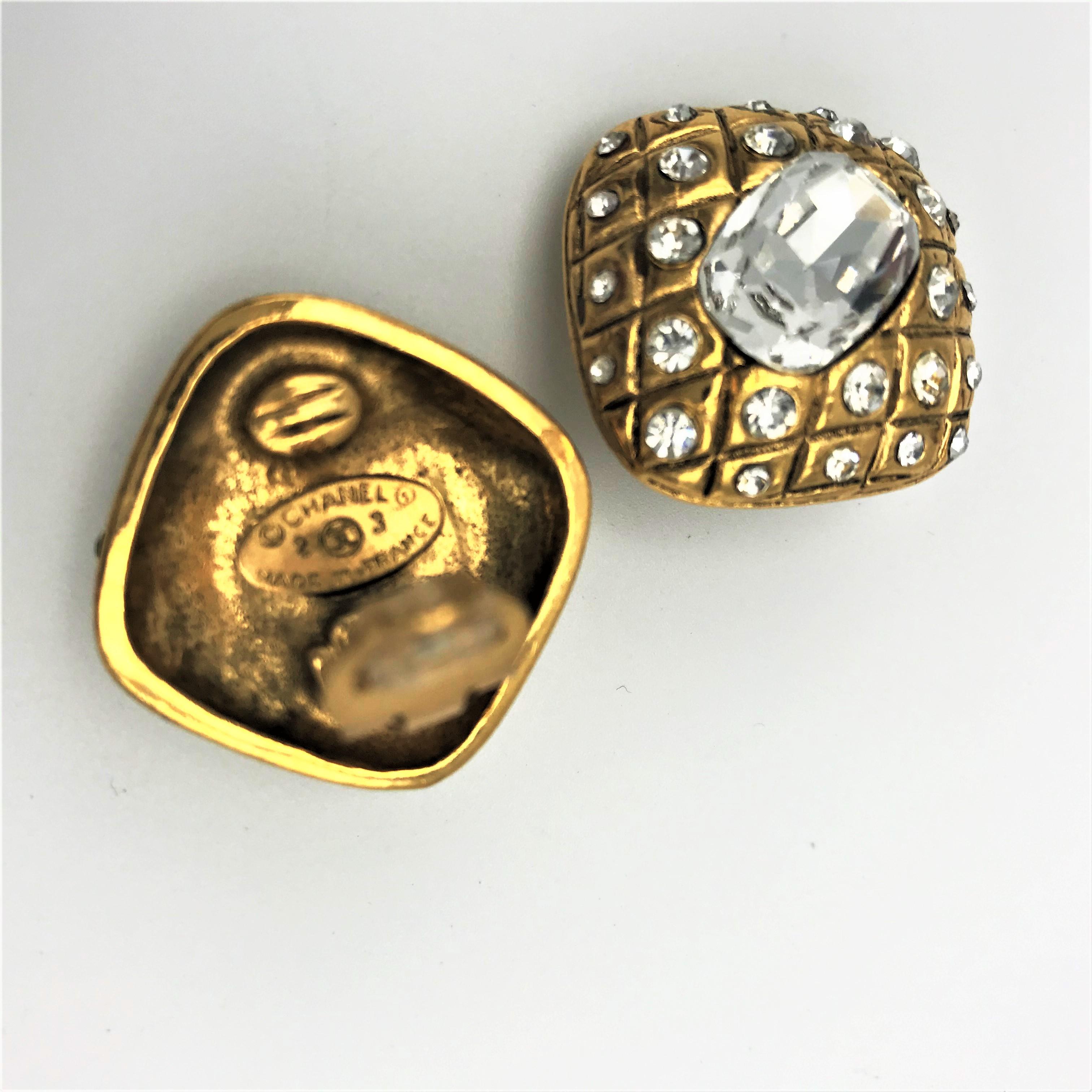 Octagon Cut CHANEL clip-on ear signed 2CC3 quilted gold plated rhinestones For Sale