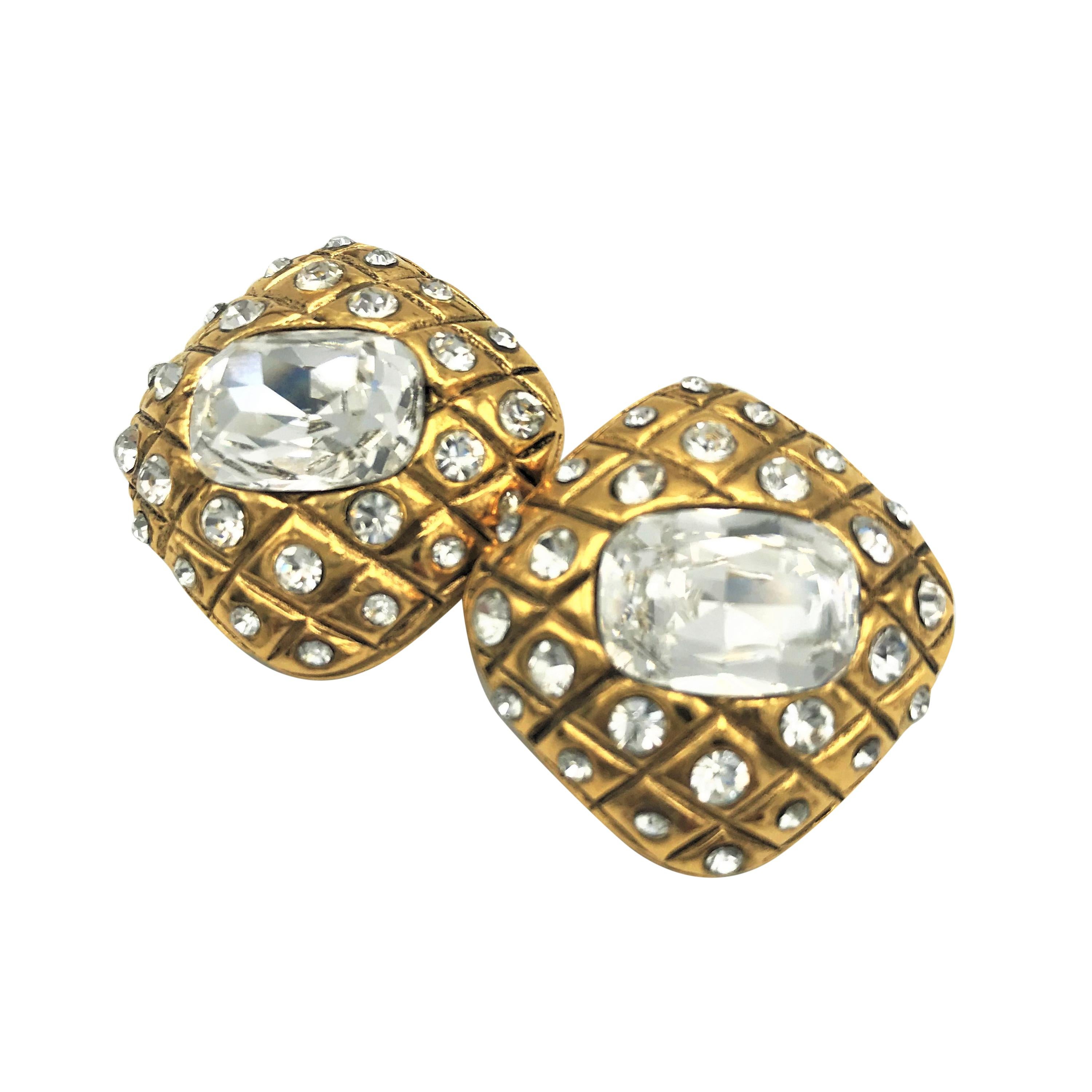 CHANEL clip-on ear signed 2CC3 quilted gold plated rhinestones For Sale