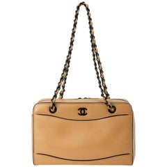 Chanel Early 2000 Beige and Black Calfskin Shoulder Bag With Long Handles Chanel Early 2000 Beige and Black Calfskin Shoulder Bag With Long Handles