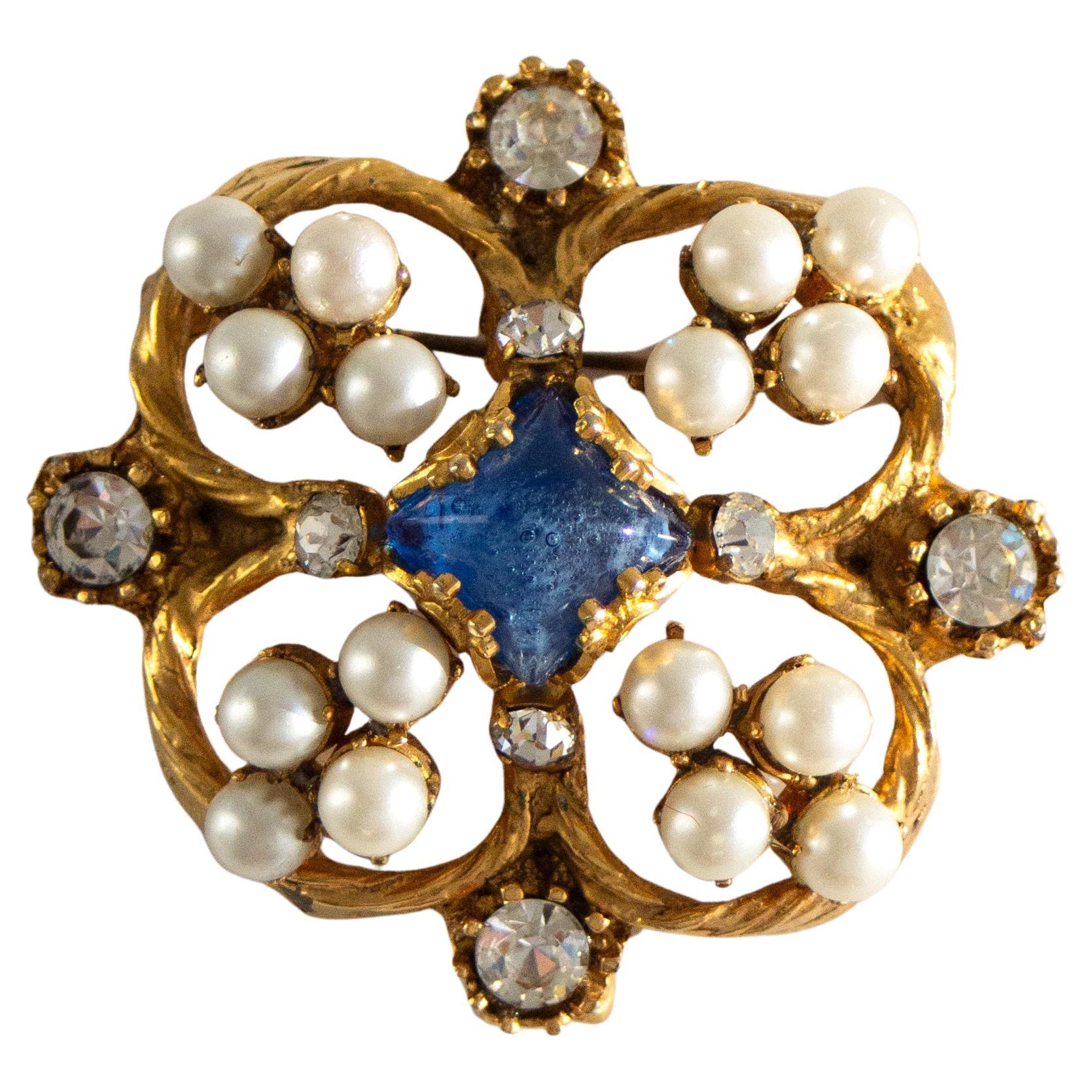 Chanel Early Signed 1950s Goossens Pearl Blue Pate De Verre Quatrefoil Brooch