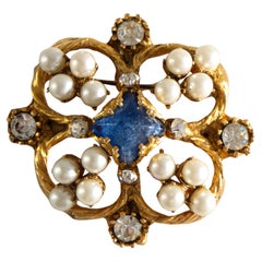 Chanel Early Signed 1950s Goossens Pearl Blue Pate De Verre Quatrefoil Brooch