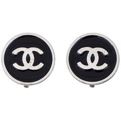 Chanel Earrings c2005 Black Enamel CC Logo Small Round Clip On White Metal