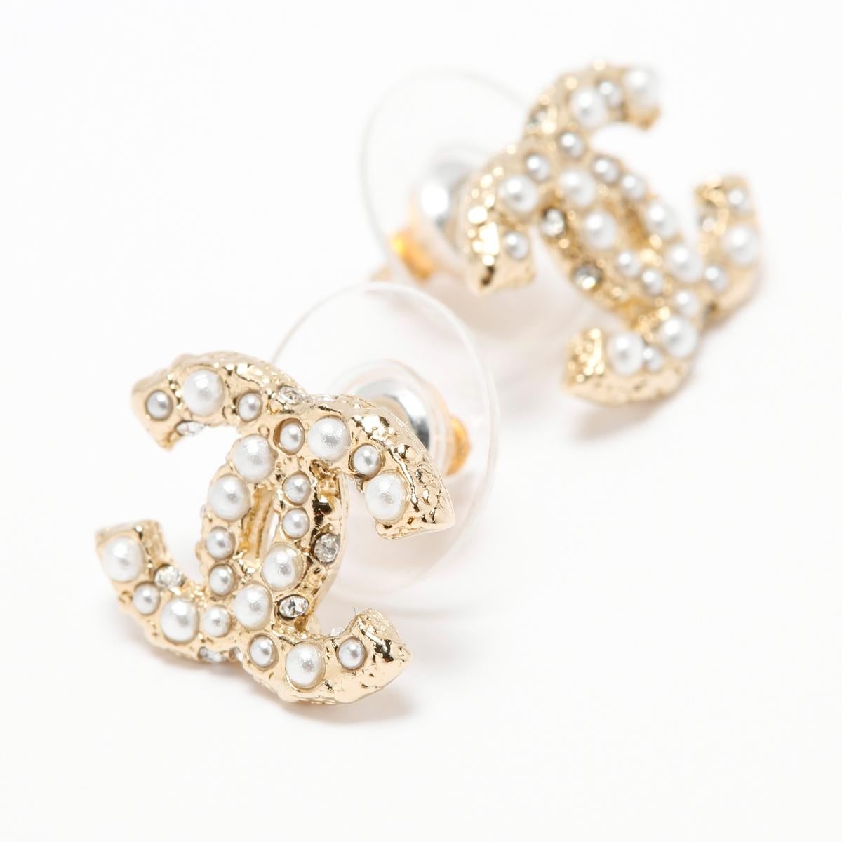 Women's or Men's Chanel Earrings CC Studs Fancy Diamonds and Pearls For Sale
