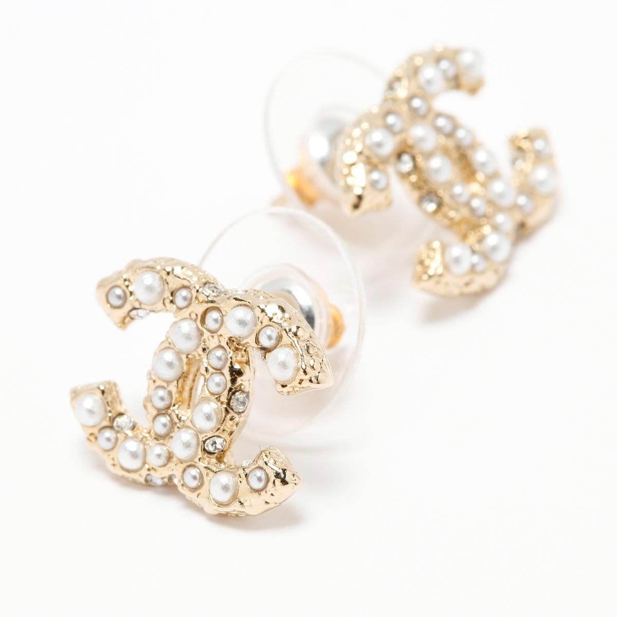 Women's or Men's Chanel Earrings CC Studs Fancy Diamonds and Pearls
