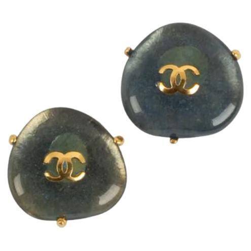 Chanel Earrings Clips in Gilded Metal and Cabochons in Blue Glass Paste