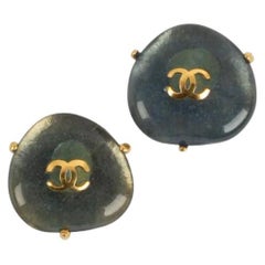 Chanel Earrings Clips in Gilded Metal and Cabochons in Blue Glass Paste