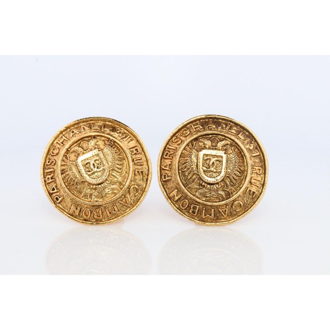 Chanel Earrings. Genuine CC CHANEL Round Crest Shield LOGO Clip on earrings. For Sale 2