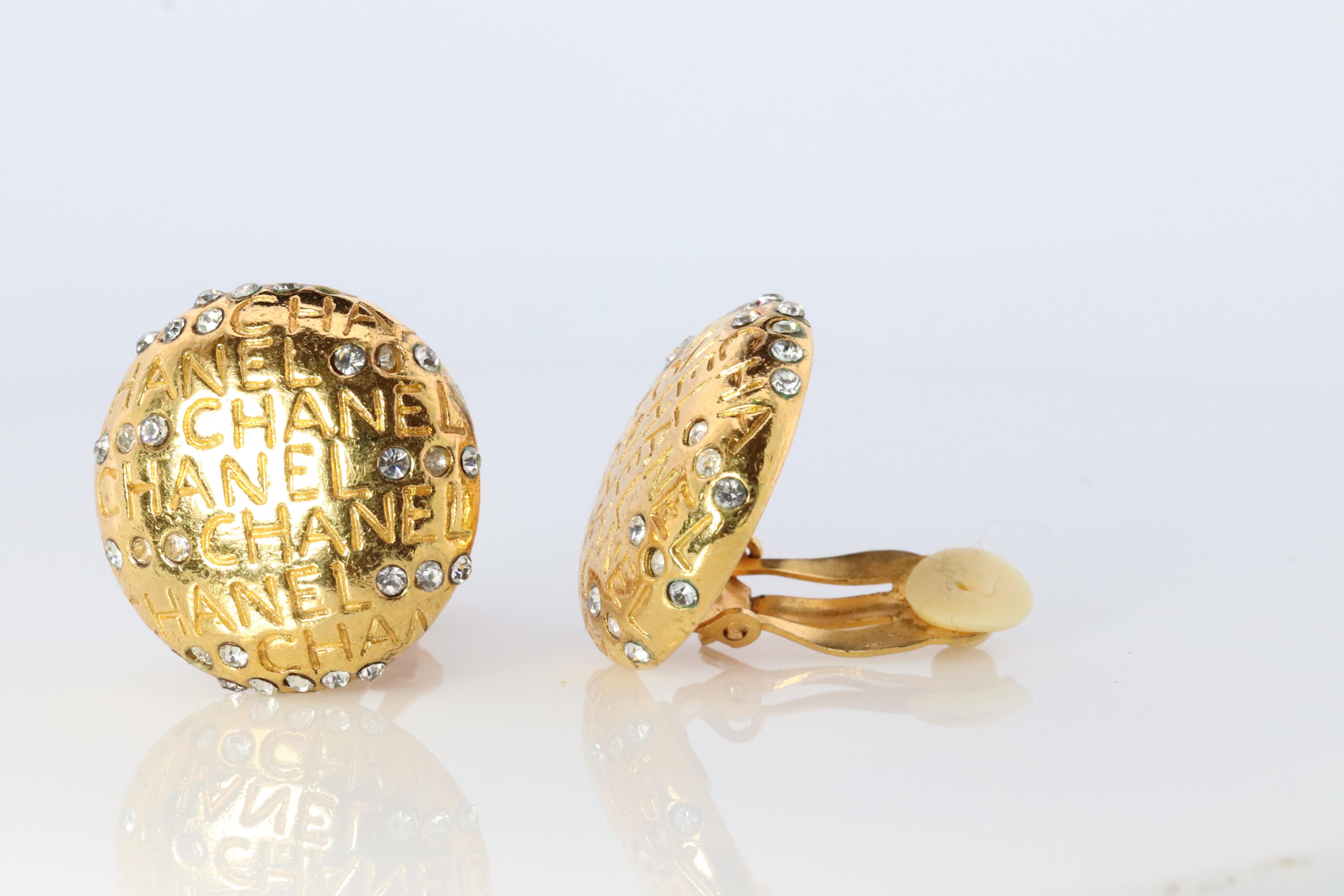 Modern Chanel Earrings. Genuine CC CHANEL Round LOGO Clip on earrings Disc disk Crystal
