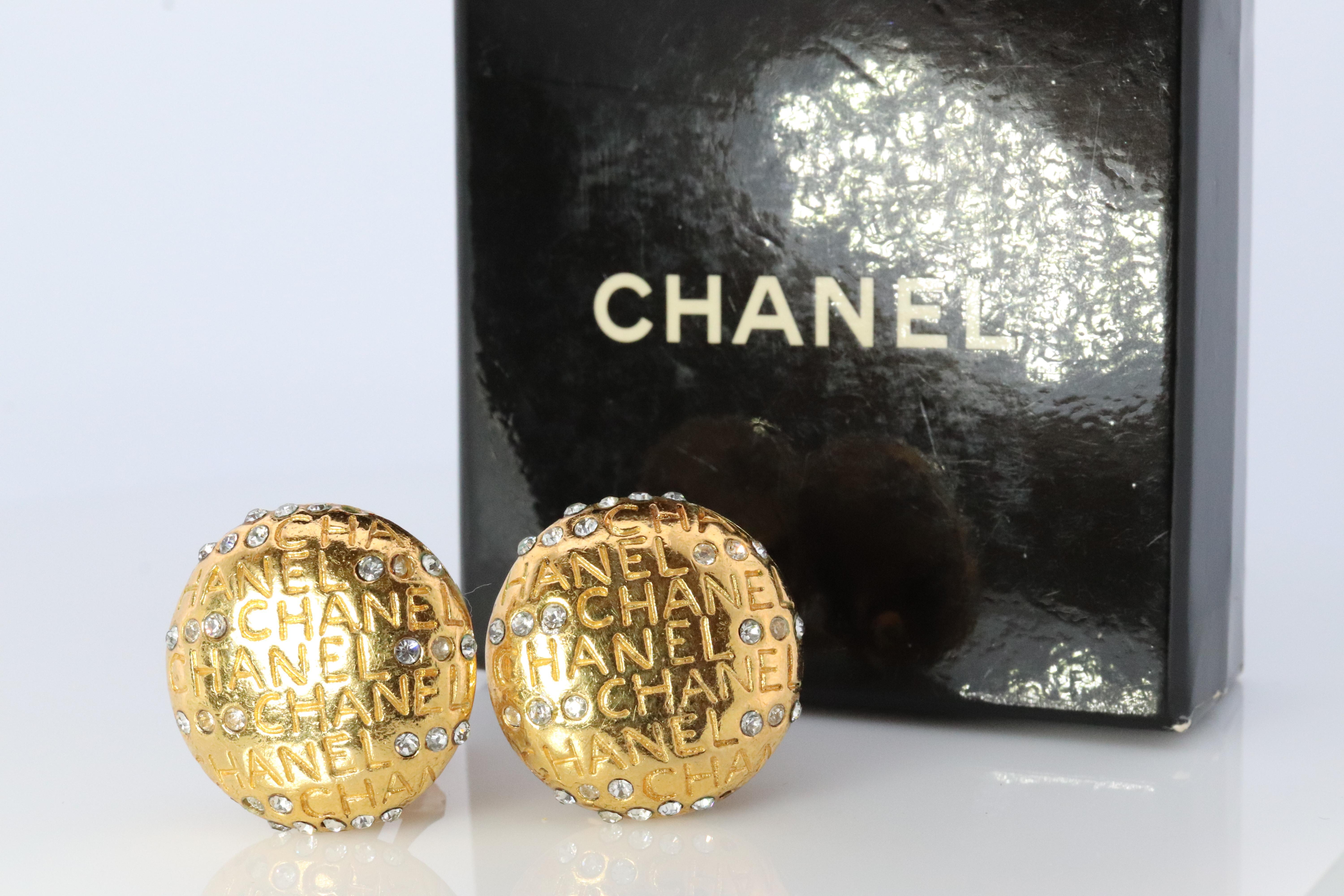 Rough Cut Chanel Earrings. Genuine CC CHANEL Round LOGO Clip on earrings Disc disk Crystal