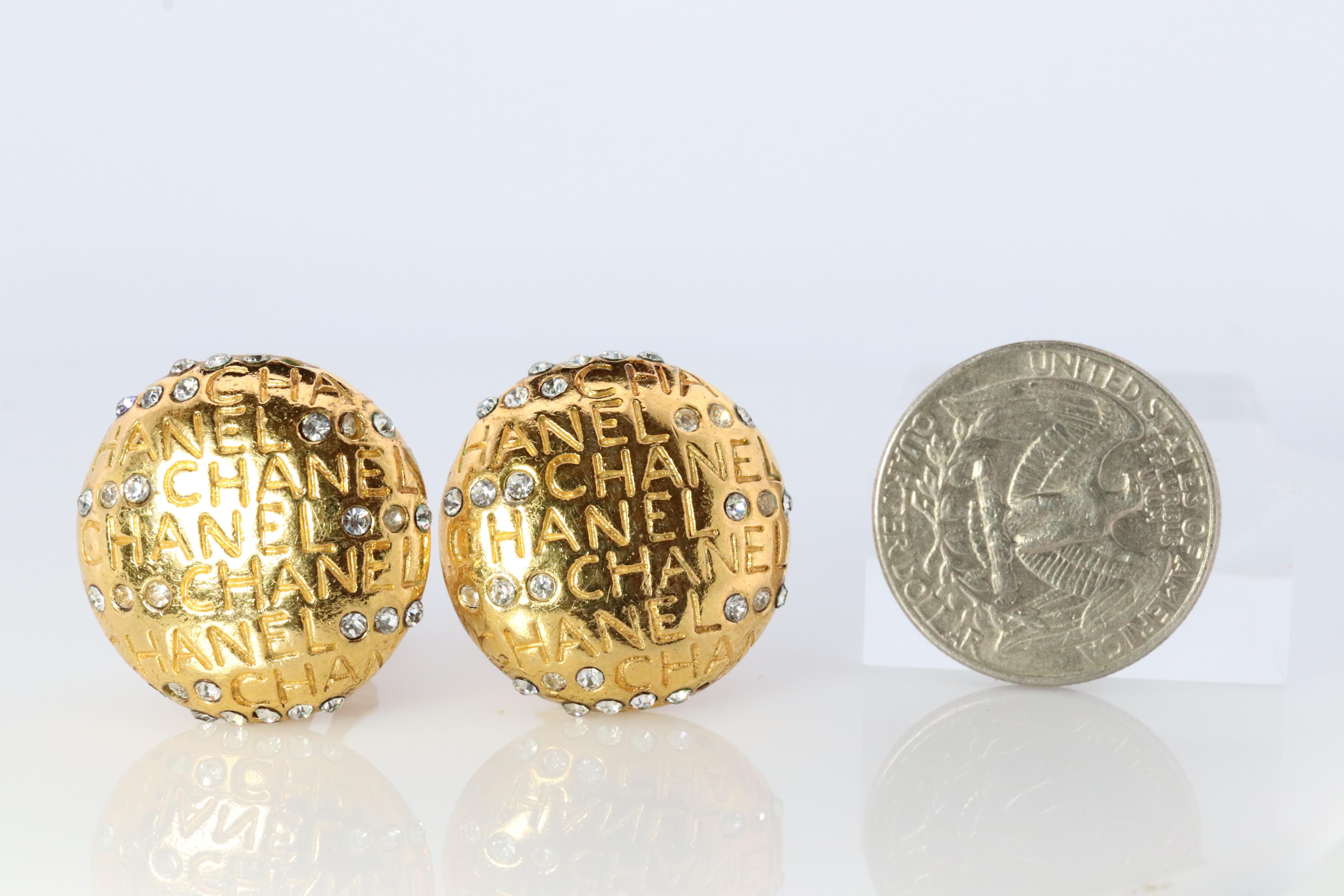 Women's Chanel Earrings. Genuine CC CHANEL Round LOGO Clip on earrings Disc disk Crystal