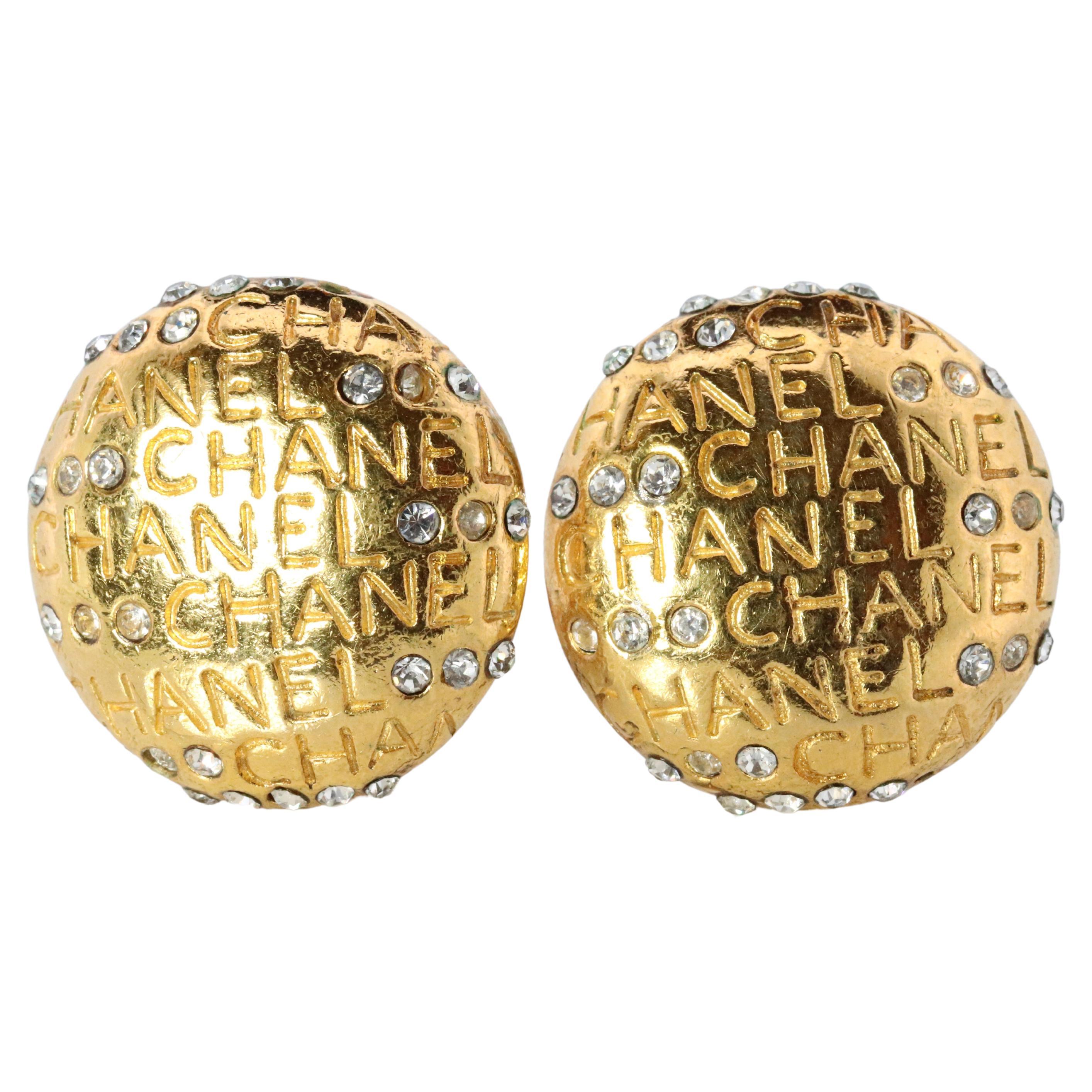 Chanel Earrings. Genuine CC CHANEL Round LOGO Clip on earrings Disc disk Crystal