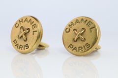 Chanel Earrings. Genuine CC CHANEL Round LOGO Clip on earrings Stitched Buttons