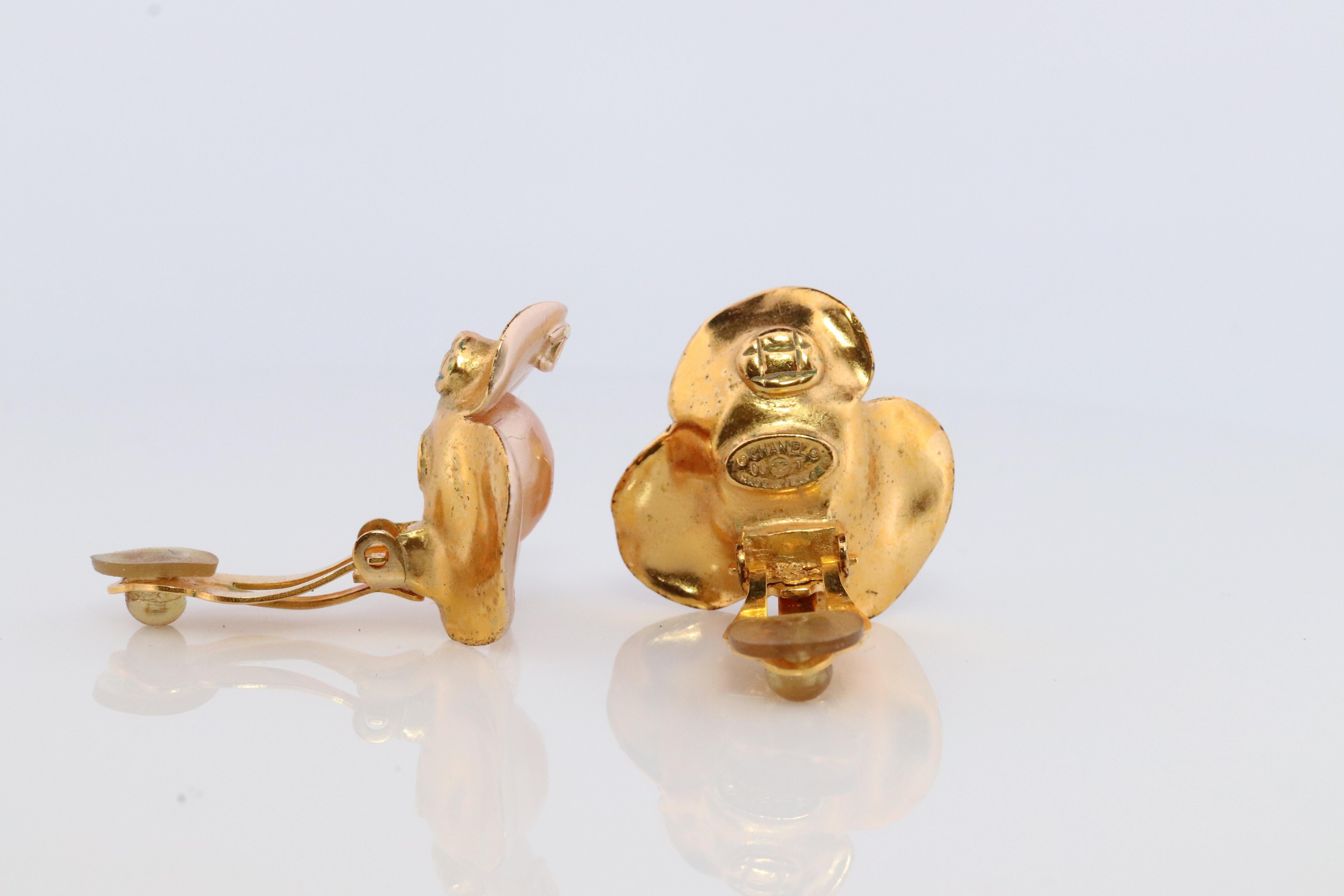 Women's Chanel Earrings. Genuine CHANEL Enamel Camelia Flower Bloom Clip on earrings. For Sale