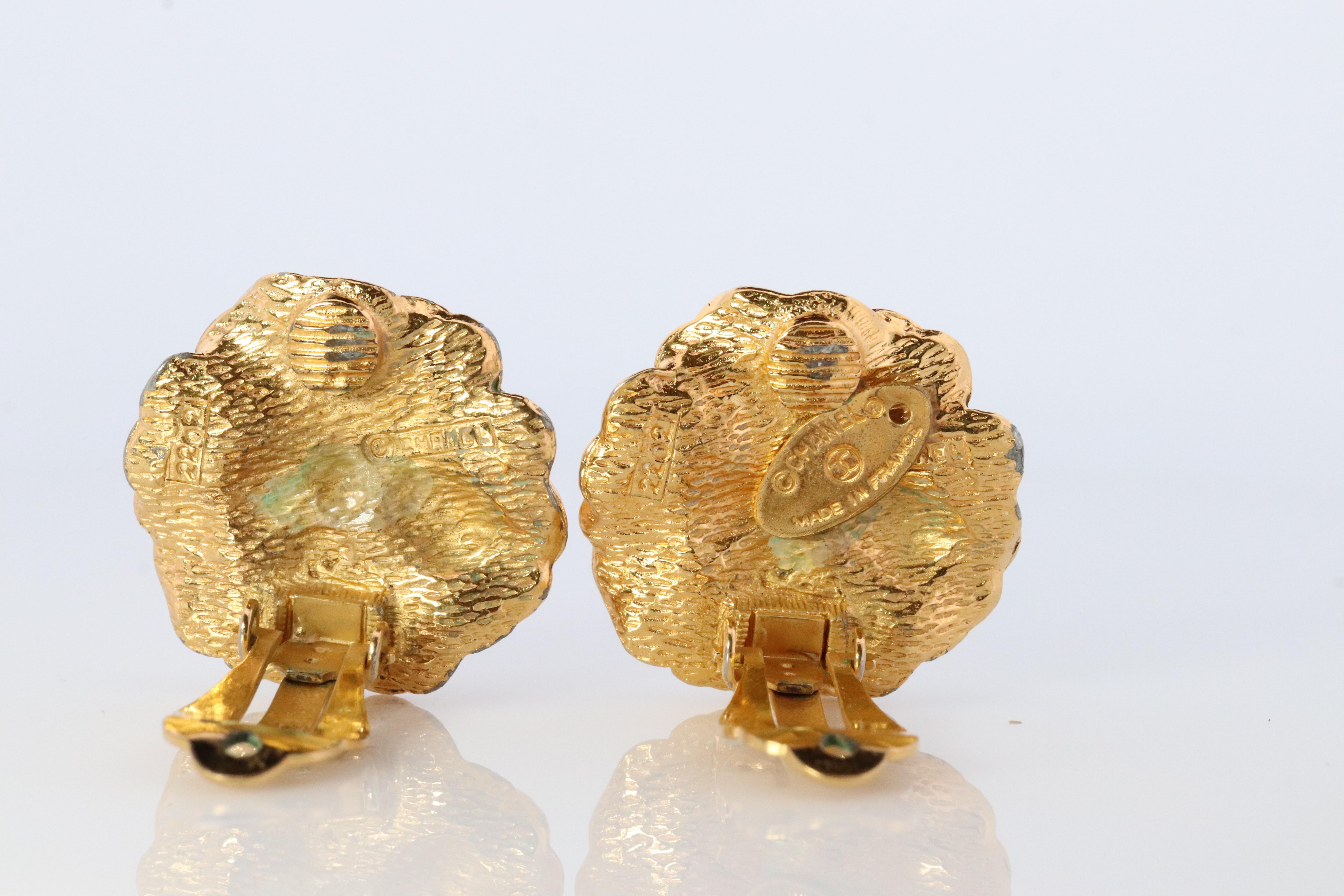 Rough Cut Chanel Earrings. Genuine CHANEL Enamel Camelia Flower Bloom Clip on earrings. For Sale