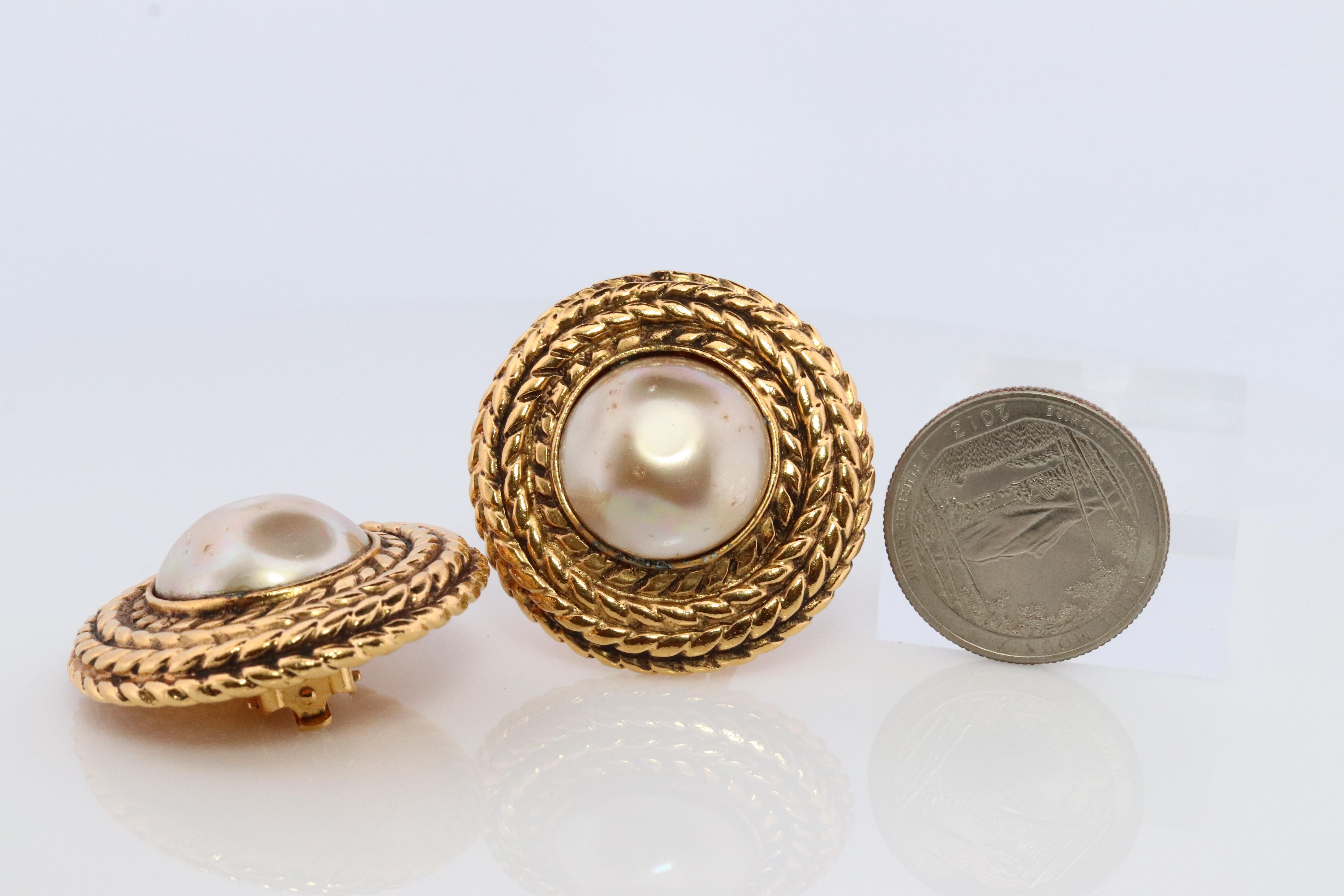 Chanel Earrings. Genuine  CHANEL Mabe Pearl Coil Weave Clip on earrings. For Sale 1