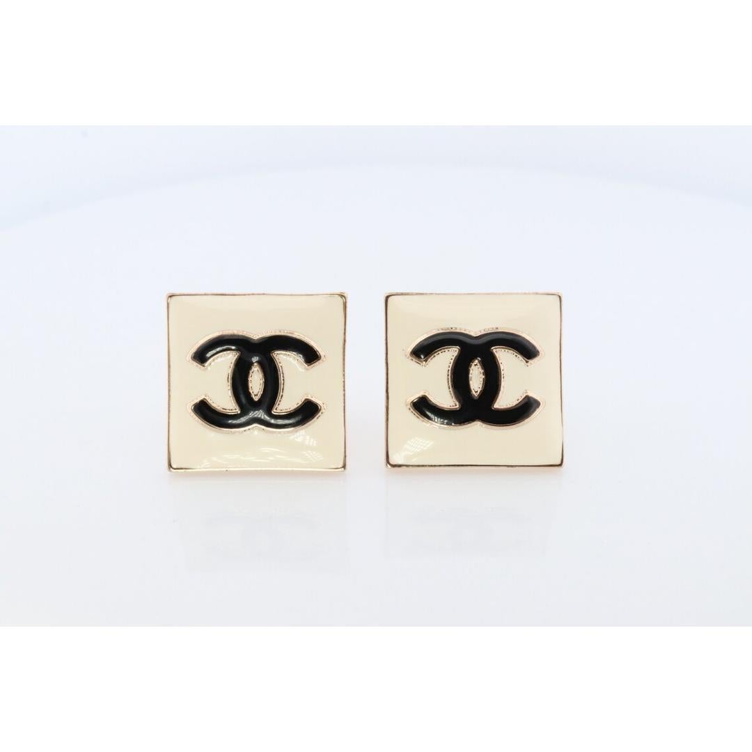 Chanel Earrings. Genuine White and Black Enamel CHANEL Square LOGO Clip on 1