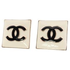 Chanel Earrings. Genuine White and Black Enamel CHANEL Square LOGO Clip on