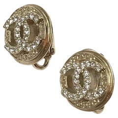 Chanel Earrings Gold Color Clips On Double CC Rhinestones