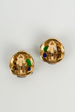 Chanel Earrings in Gold Metal Paved with Cabochons and Multicolored Rhinestones