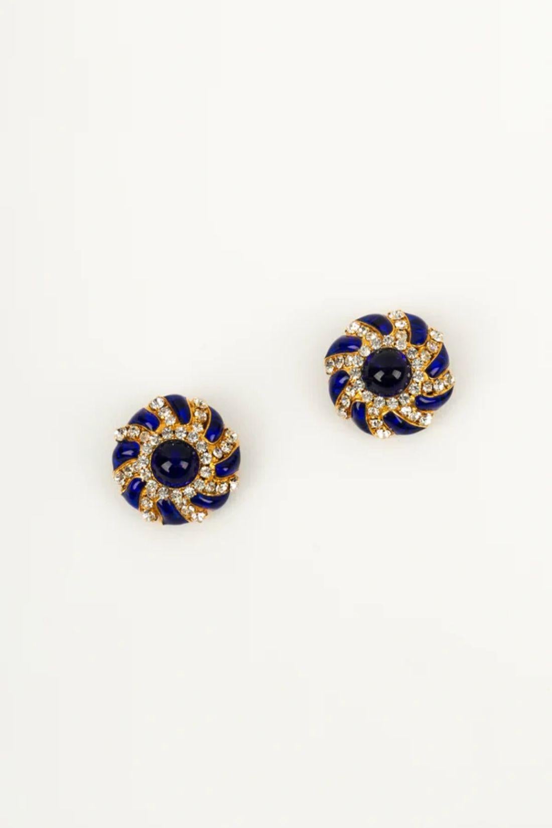 Chanel Earrings in Gold-Plated Metal with Blue Glass Paste and Rhinestones For Sale