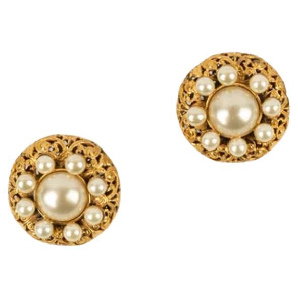 Chanel Earrings in Gold-Plated Metal with Pearly Glass Cabochons For Sale