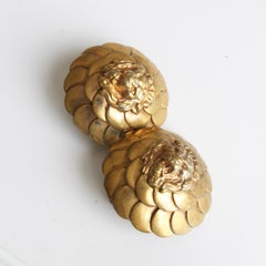 Chanel Earrings Roaring Lion Head Clip Style Gold Metal Rare Vintage 1970s