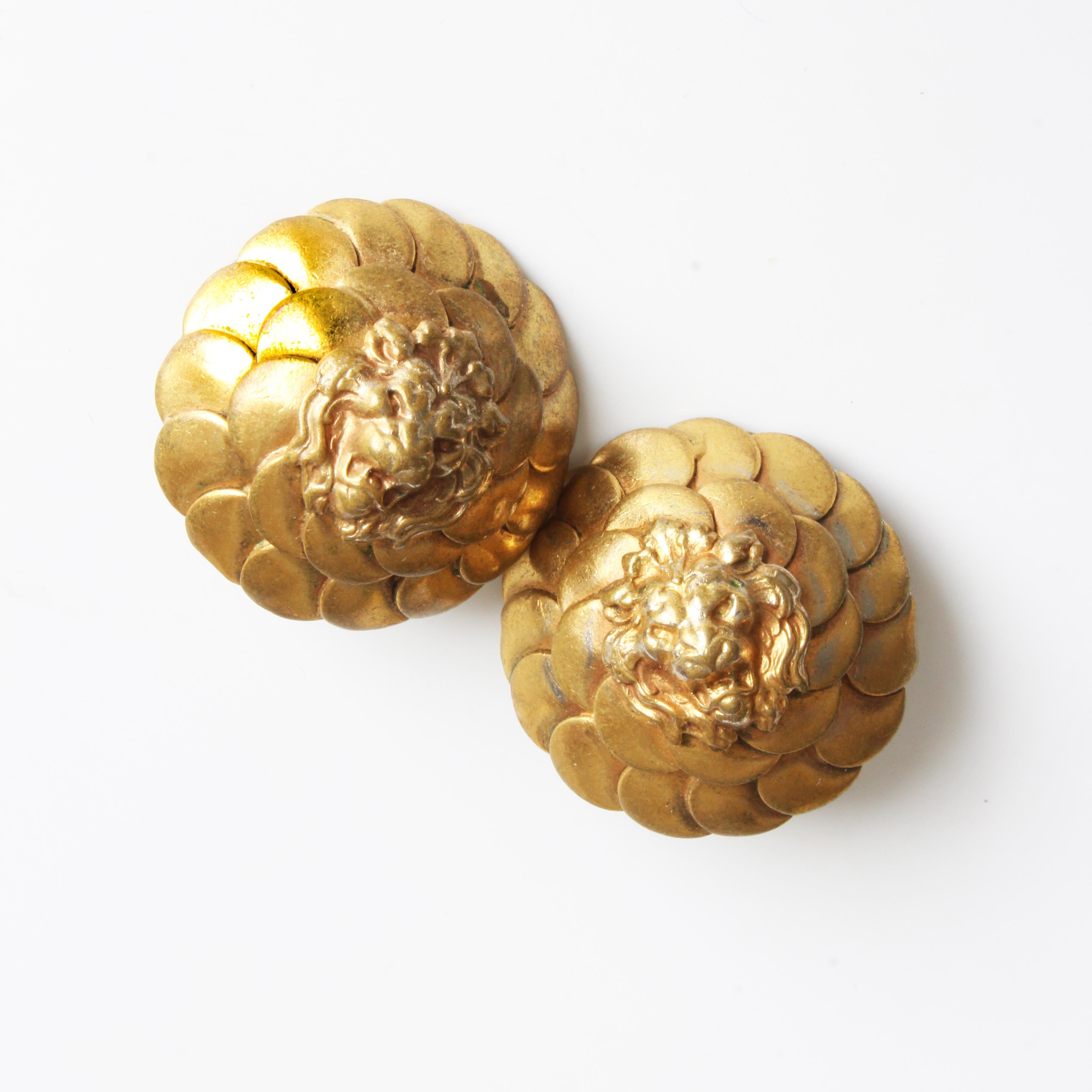 Art Nouveau Chanel Earrings Roaring Lion Head Clip Style Gold Metal Rare Vintage 1970s  For Sale