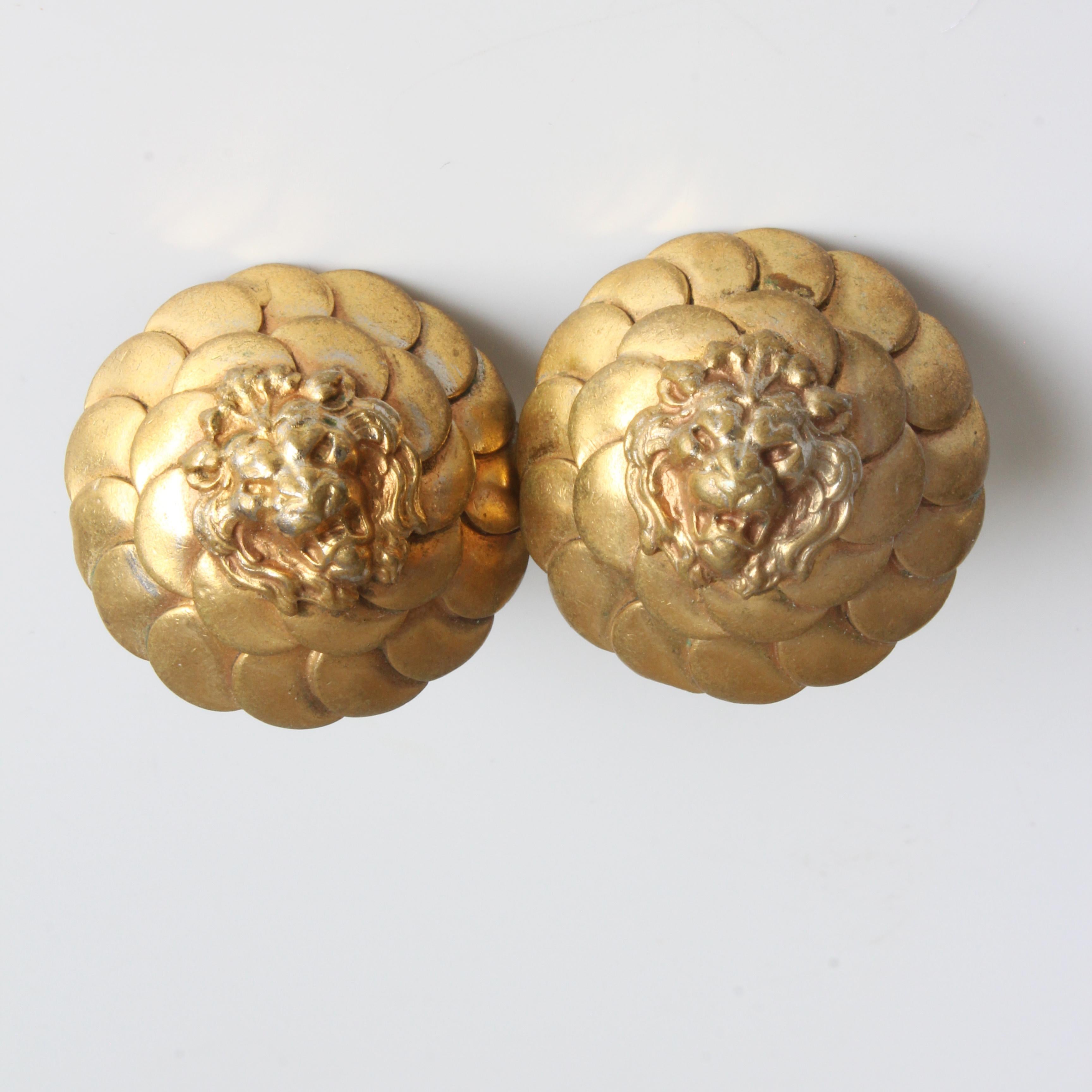 Chanel Earrings Roaring Lion Head Clip Style Gold Metal Rare Vintage 1970s  In Fair Condition For Sale In Port Saint Lucie, FL