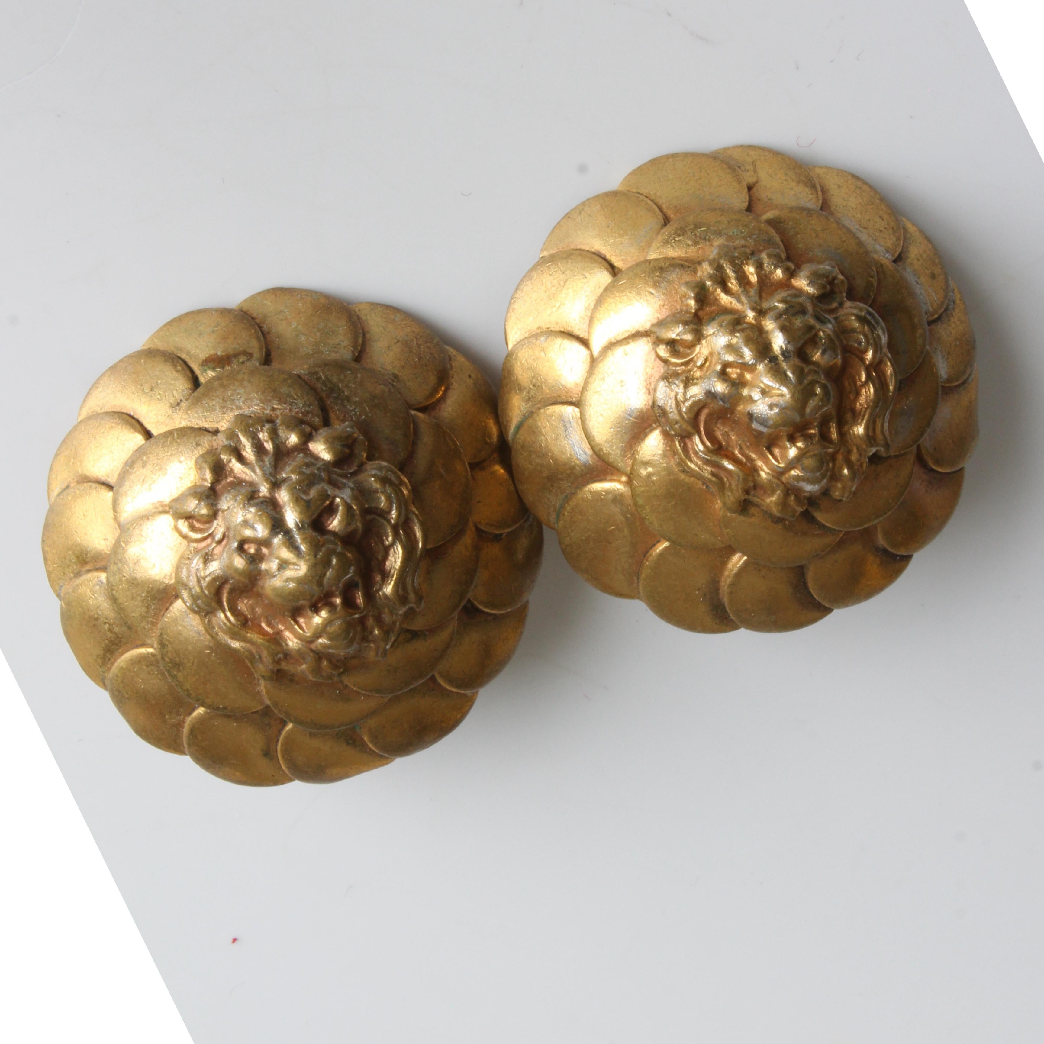 Chanel Earrings Roaring Lion Head Clip Style Gold Metal Rare Vintage 1970s  For Sale 1