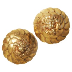 Chanel Earrings Roaring Lion Head Clip Style Gold Metal Rare Vintage 1970s
