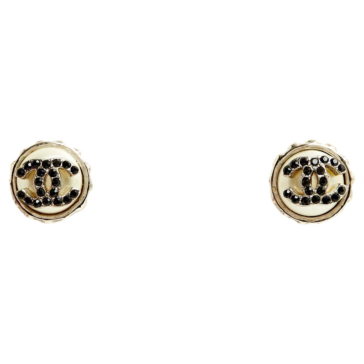 CHANEL Pearl Crystal CC Heart Earrings Gold Black 1238788