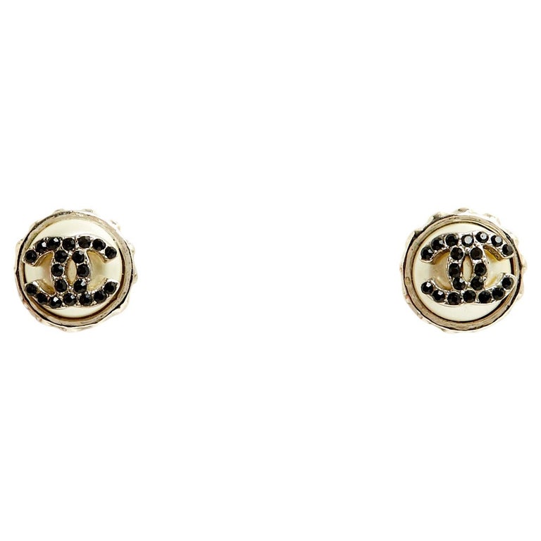 Chanel Earrings Studs Dark crystal CC on pearl For Sale at 1stDibs