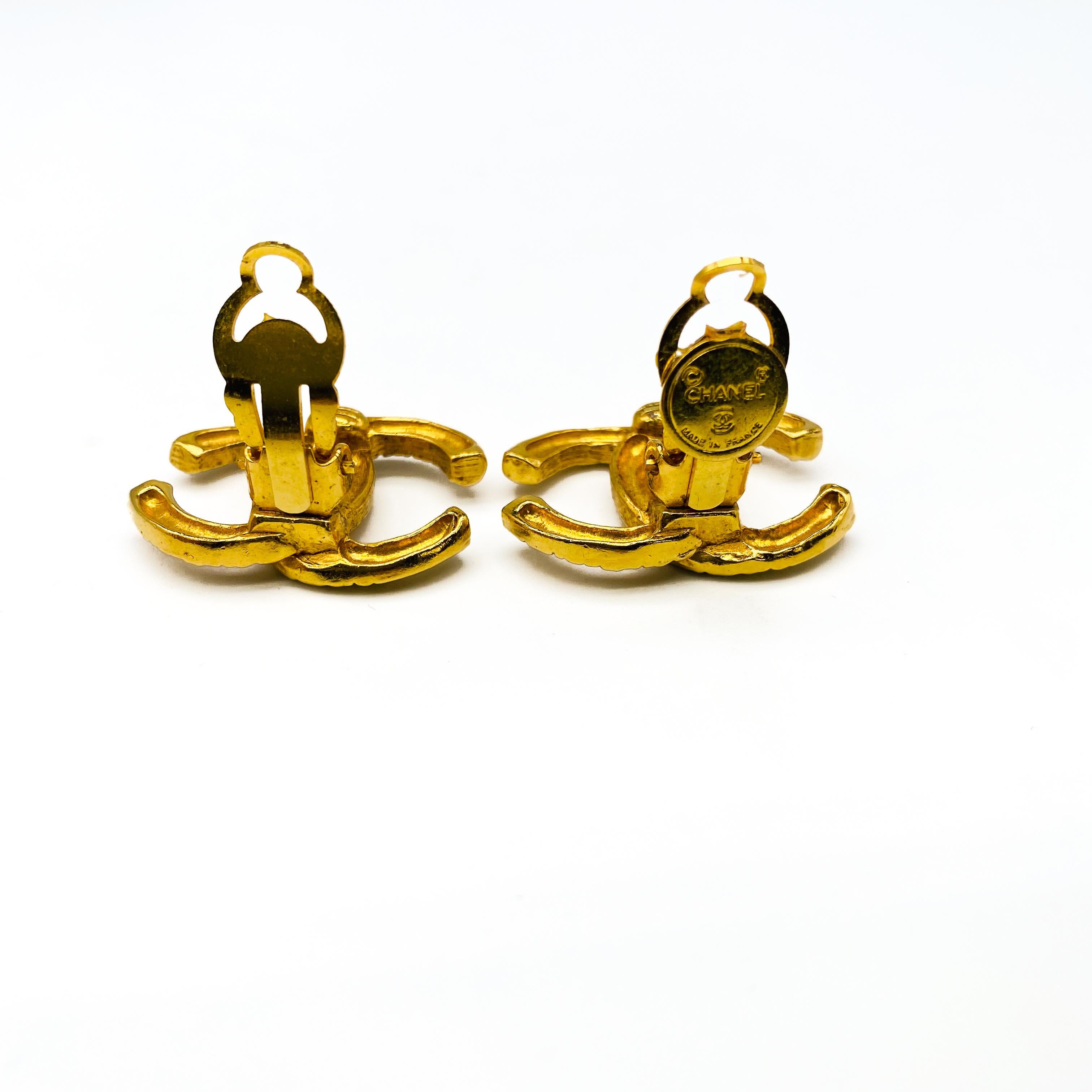 Vintage CHANEL Gold Plated Clip On Earrings 1970s 1