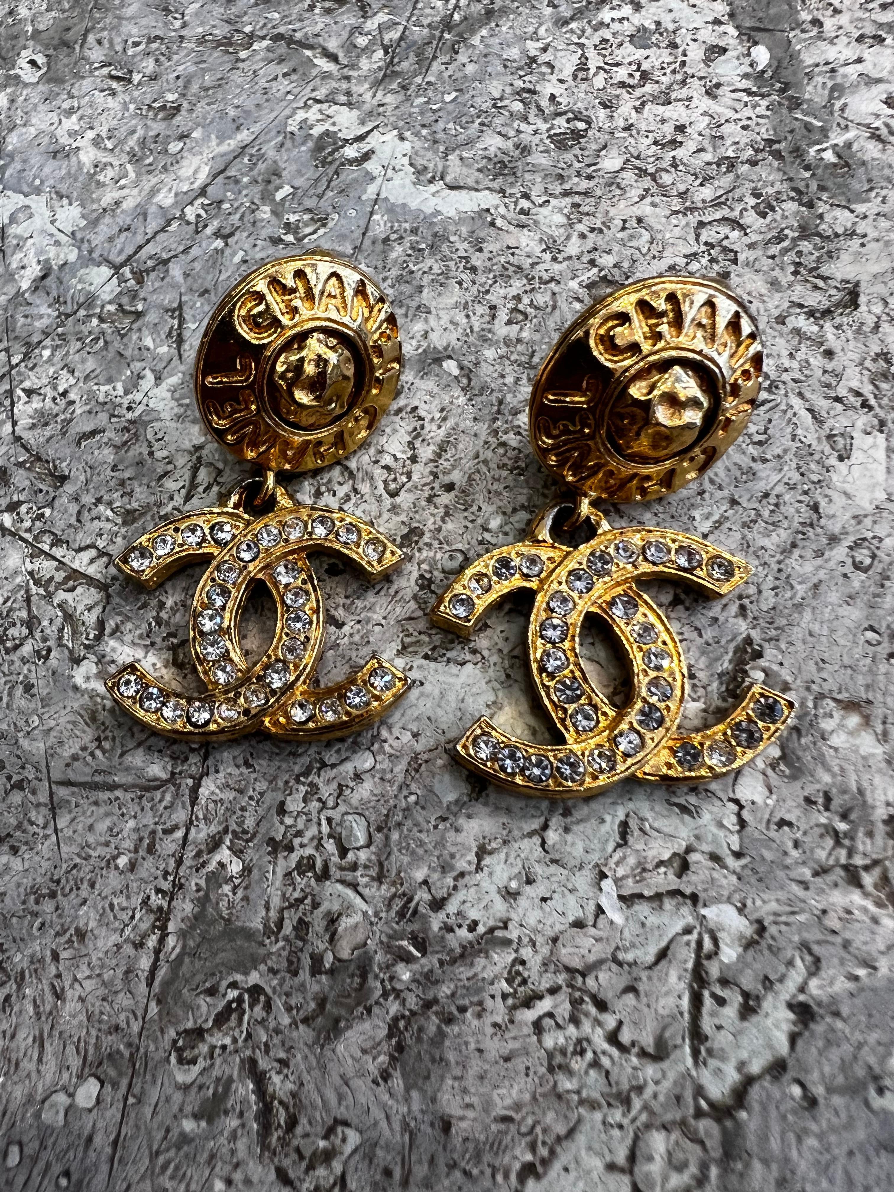Modern Chanel Earrings Vintage France Logo Chanel Strass Gold Plated