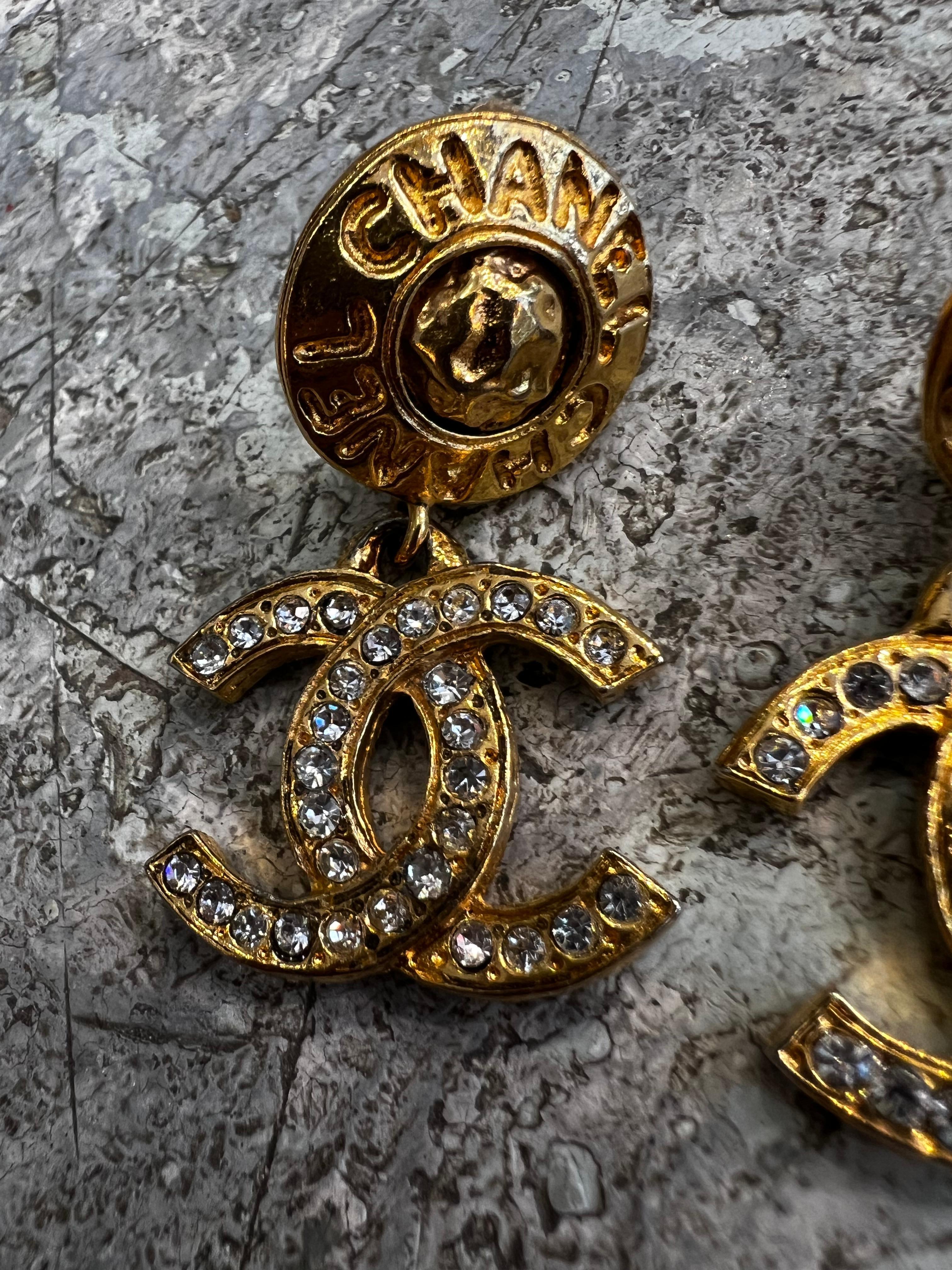 Chanel Earrings Vintage France Logo Chanel Strass Gold Plated In Good Condition In Mārupe, LV