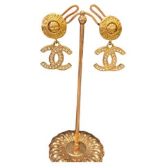 Chanel Earrings Vintage France Logo Chanel Strass Gold Plated