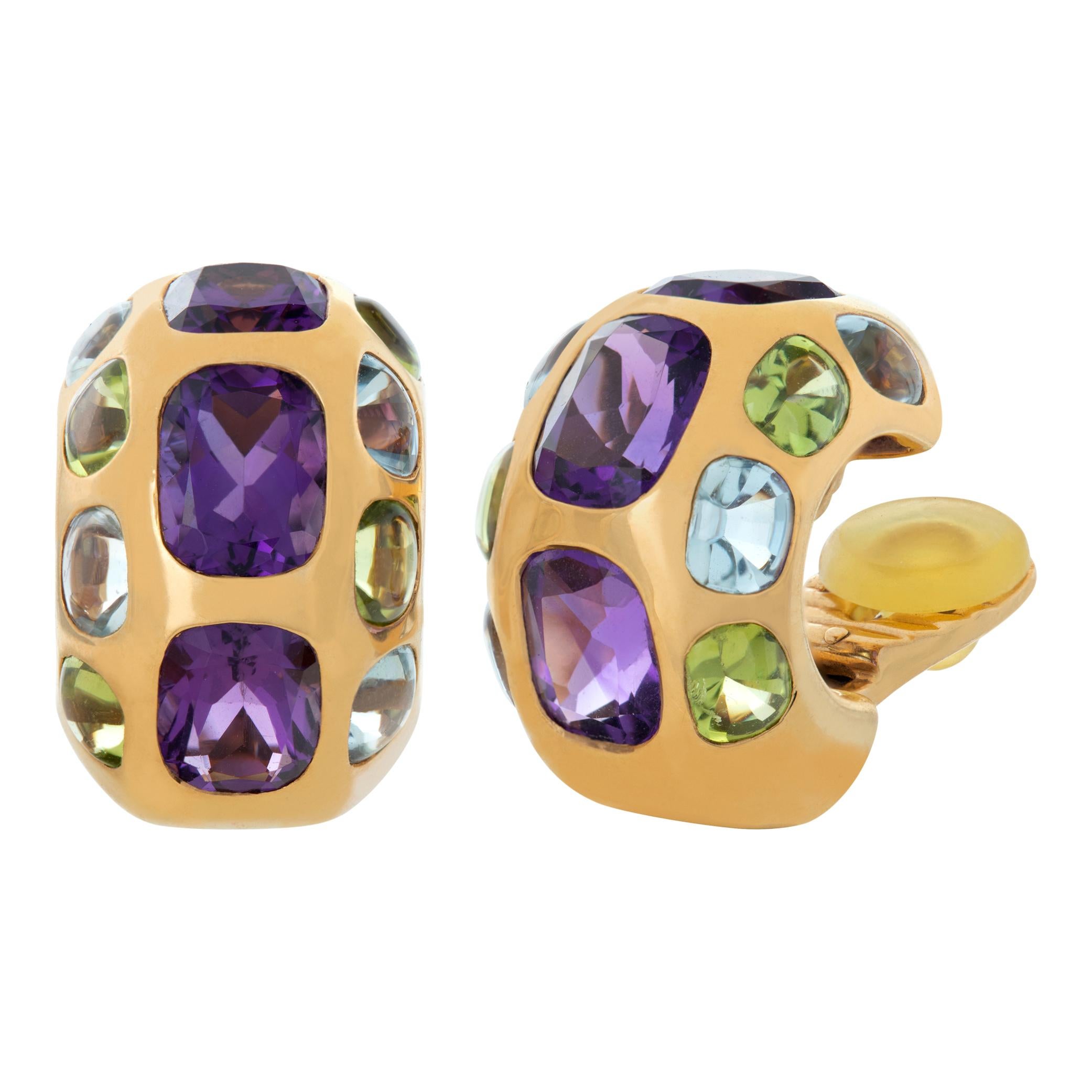 Round Cut Chanel Earrings with Amethyst, Peridot and Aquamarine in 18k Yellow Gold