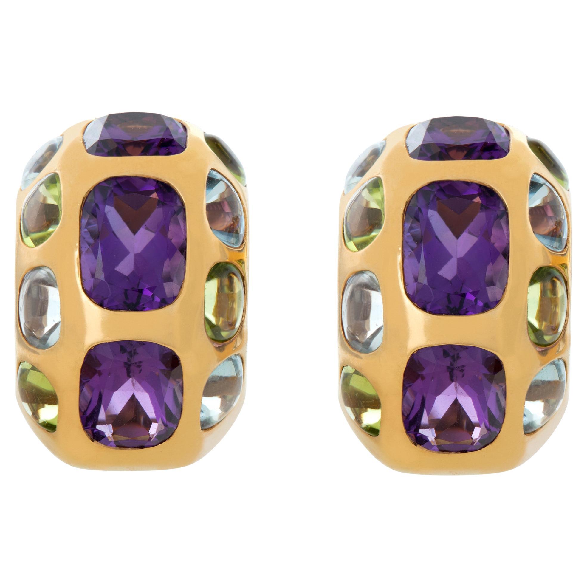 Chanel Earrings with Amethyst, Peridot and Aquamarine in 18k Yellow Gold