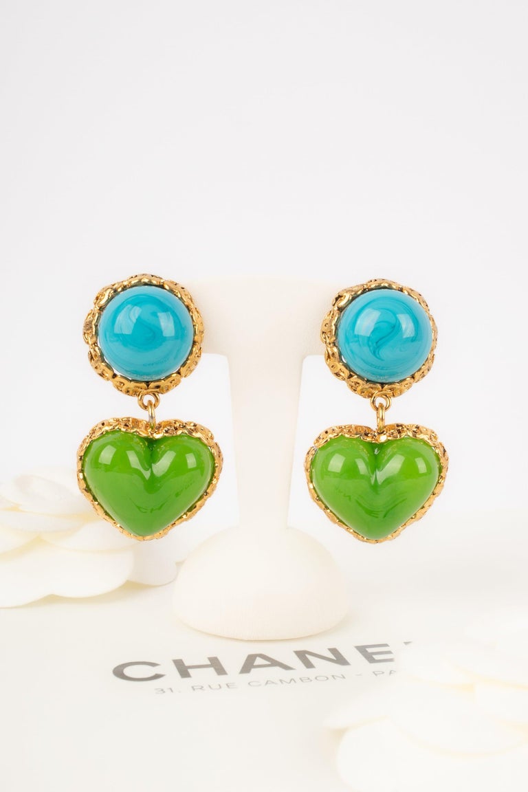 Boucles D’oreilles Vintage Pâte De Verre – Blanc Et Bleu – Fermoir Clips – Très Bon état