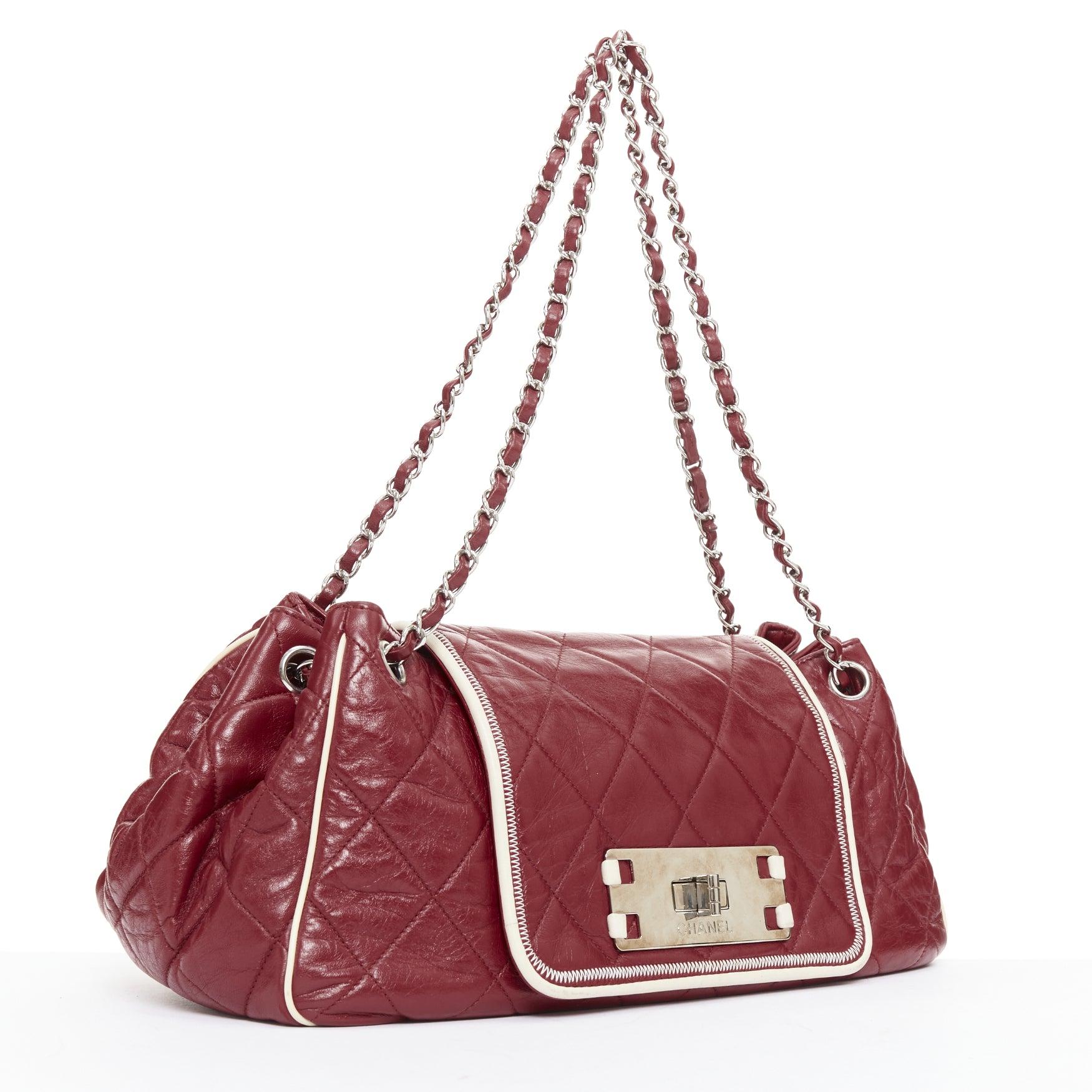 Marrone CHANEL East West Accordion Flap red Bordeaux silver chain flap bag in vendita