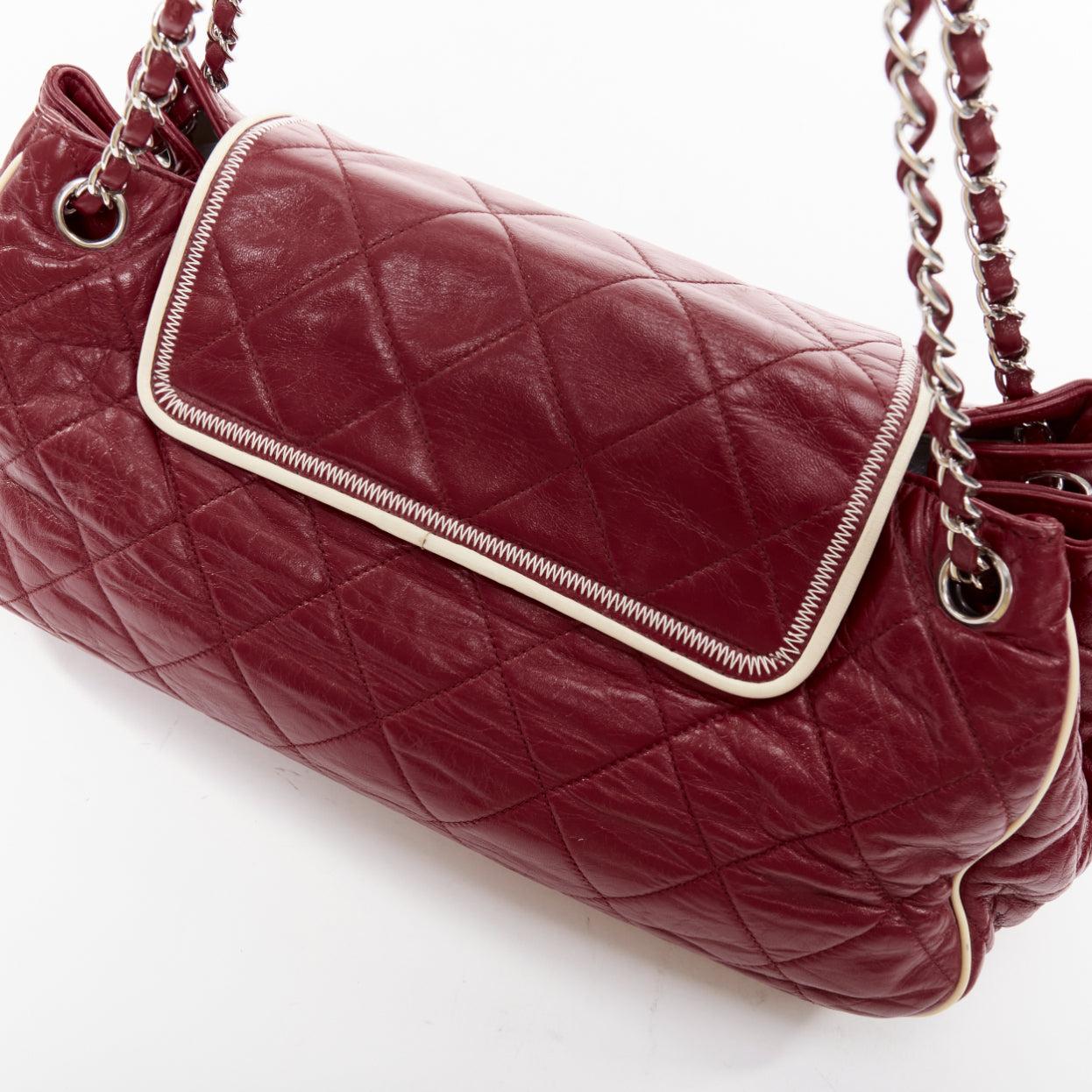 CHANEL East West Accordion Flap red Bordeaux silver chain flap bag in vendita 3