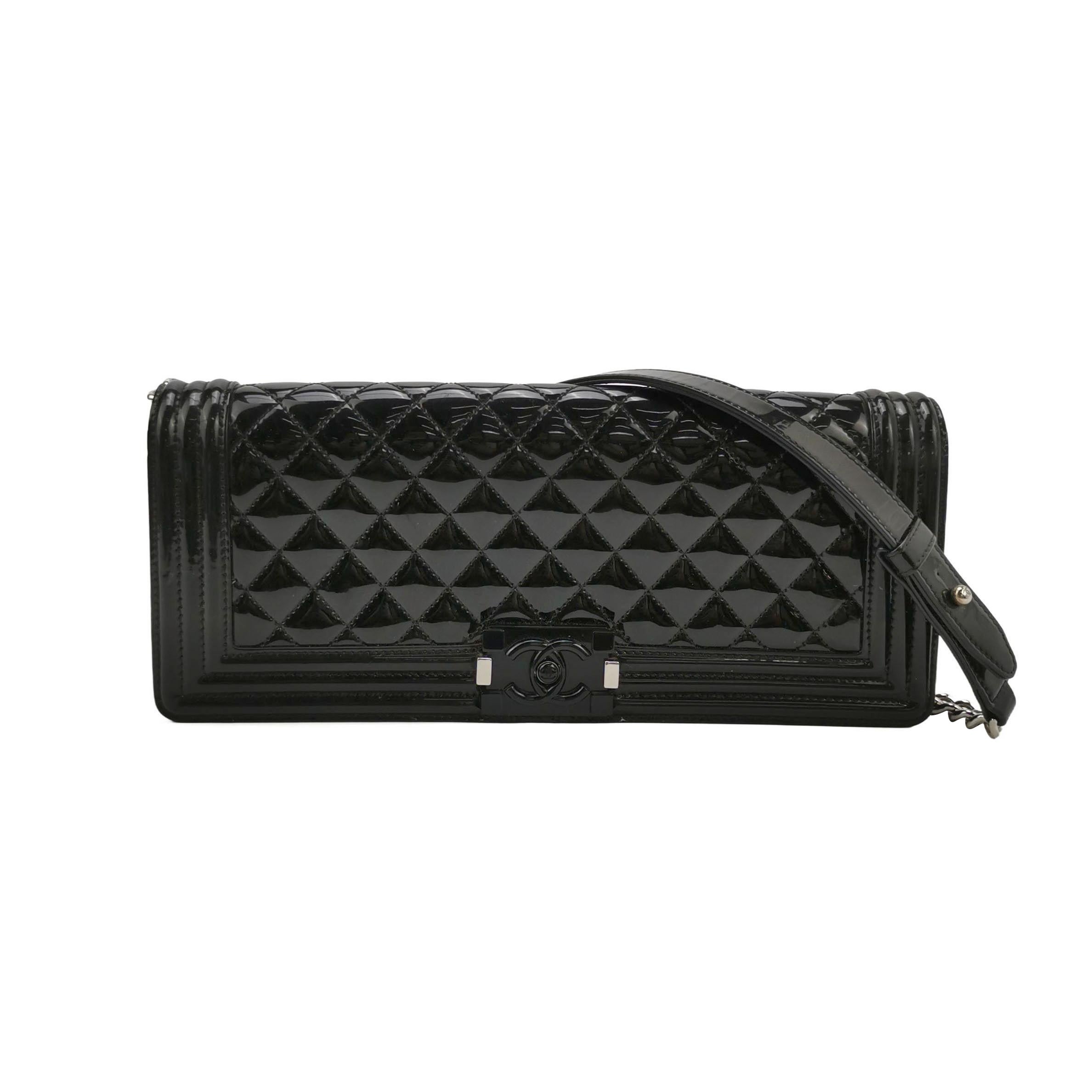 Chanel East West Boy Convertible Chain Shoulder and Clutch Bag Black Patent Leat