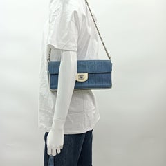 Chanel East West Chocolate Bar Blue Denim Beige Leather Piping Silver Hardware