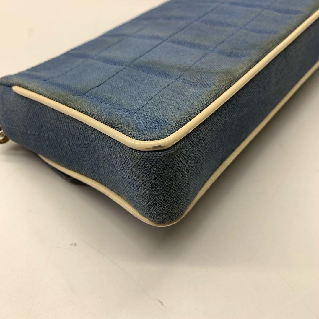 Chanel East West Chocolate Bar Blue Denim Beige Leather Piping Silver Hardware For Sale 3