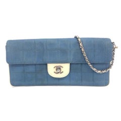 Chanel East West Chocolate Bar Blue Denim Beige Leather Piping Silver Hardware