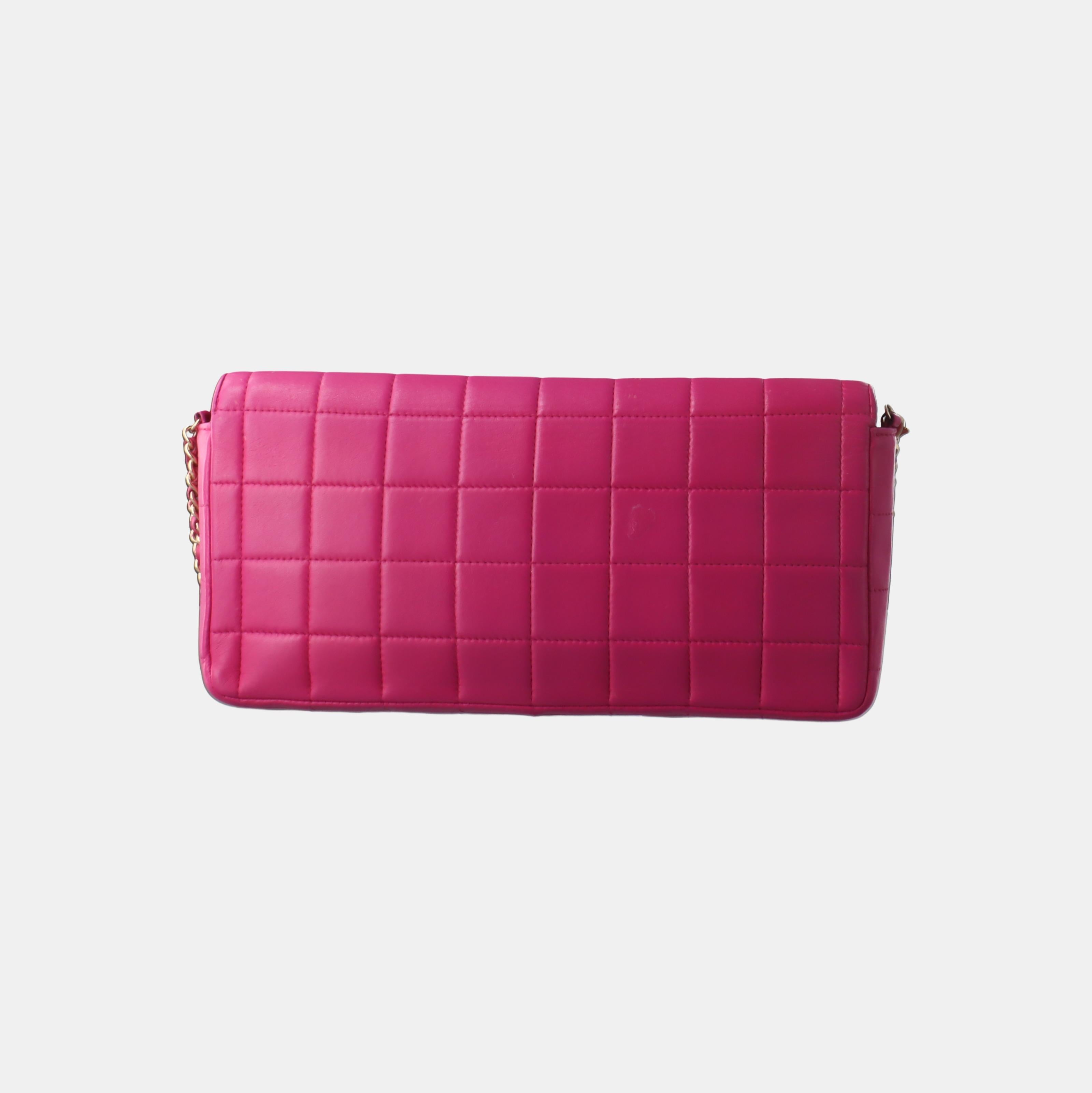 Women's Chanel East West Chocolate Bar Fuchsia Pink Leather 24k Gold hardware